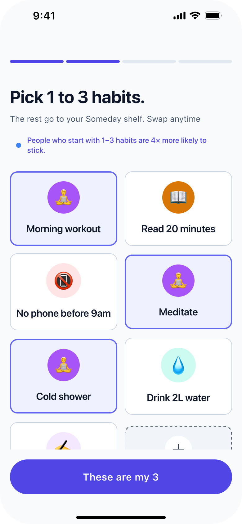 Habit Tracker onboarding — select habits